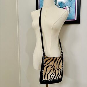 Vintage Fossil Leather Zebra Print Calf-Haired Crossbody Purse Flap Flat Handbag